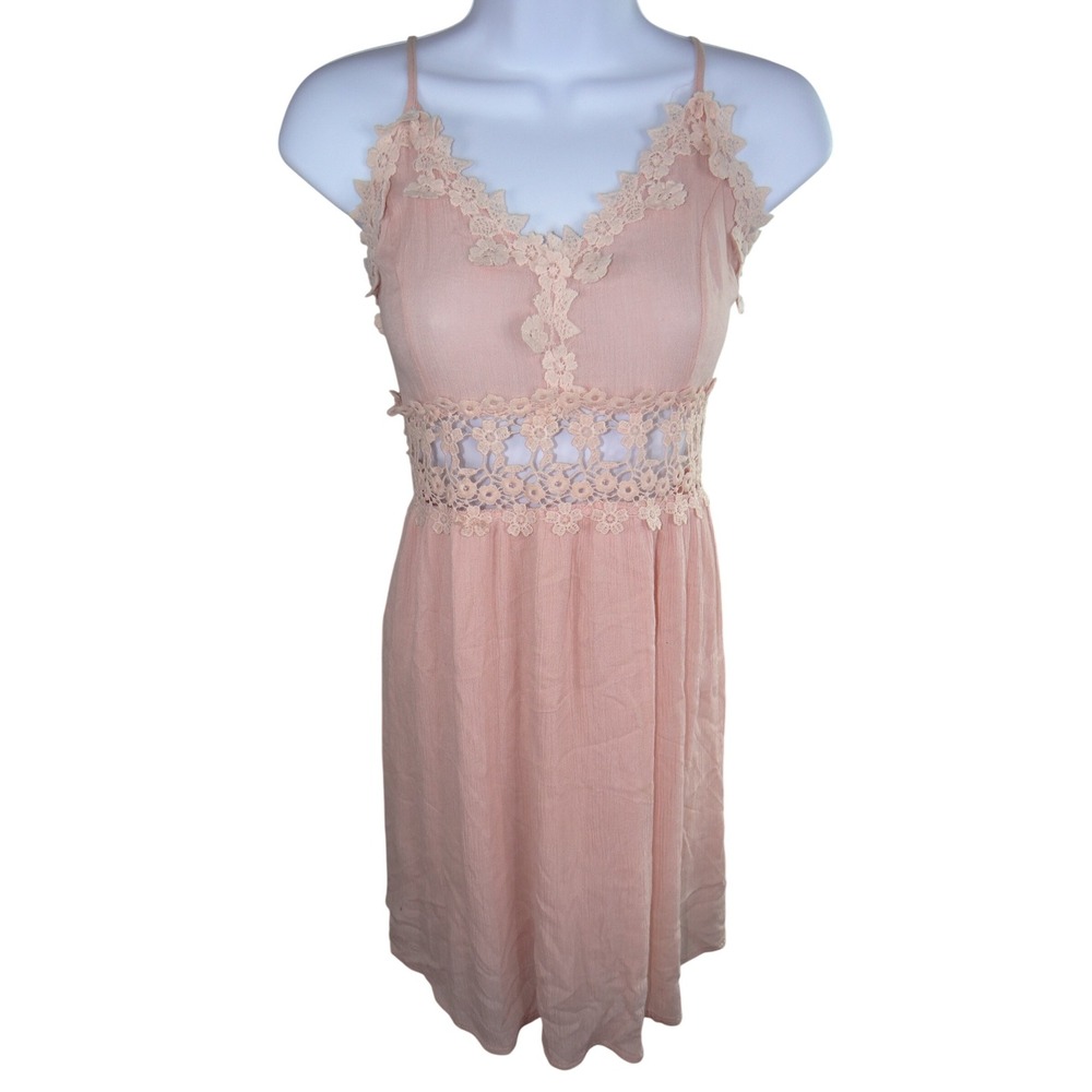 Blush Pink Crochet Lace Cutout Mini Dress‎ Small Boho Cottagecore 2822